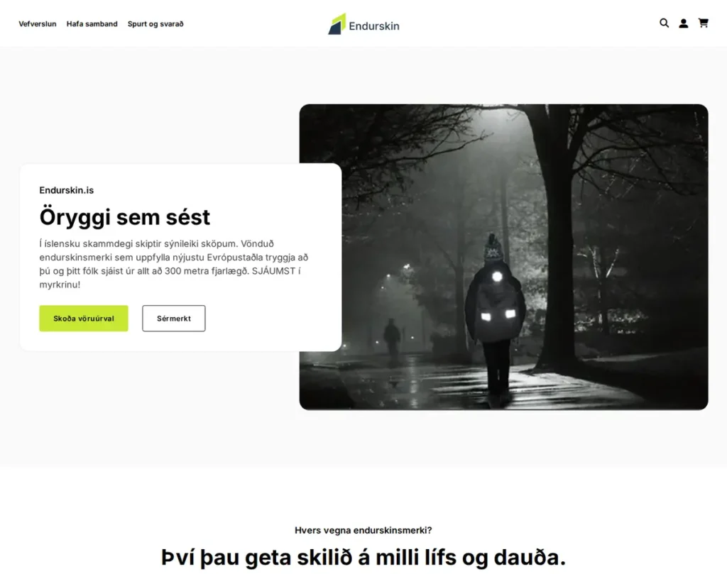 Forsíða endurskin.is, nýr vefur hannaður af Mánahöll